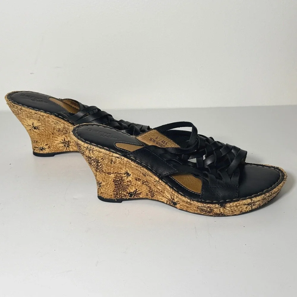Born Drilles Woven Wedge Sandals Womens Size 9 Black Leather Raffia Boho‎
